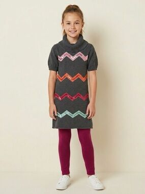 🔴 Gymboree Girls Size 10 Cotton Sweater Dress Gray Chevron Sequin Cowl Neck